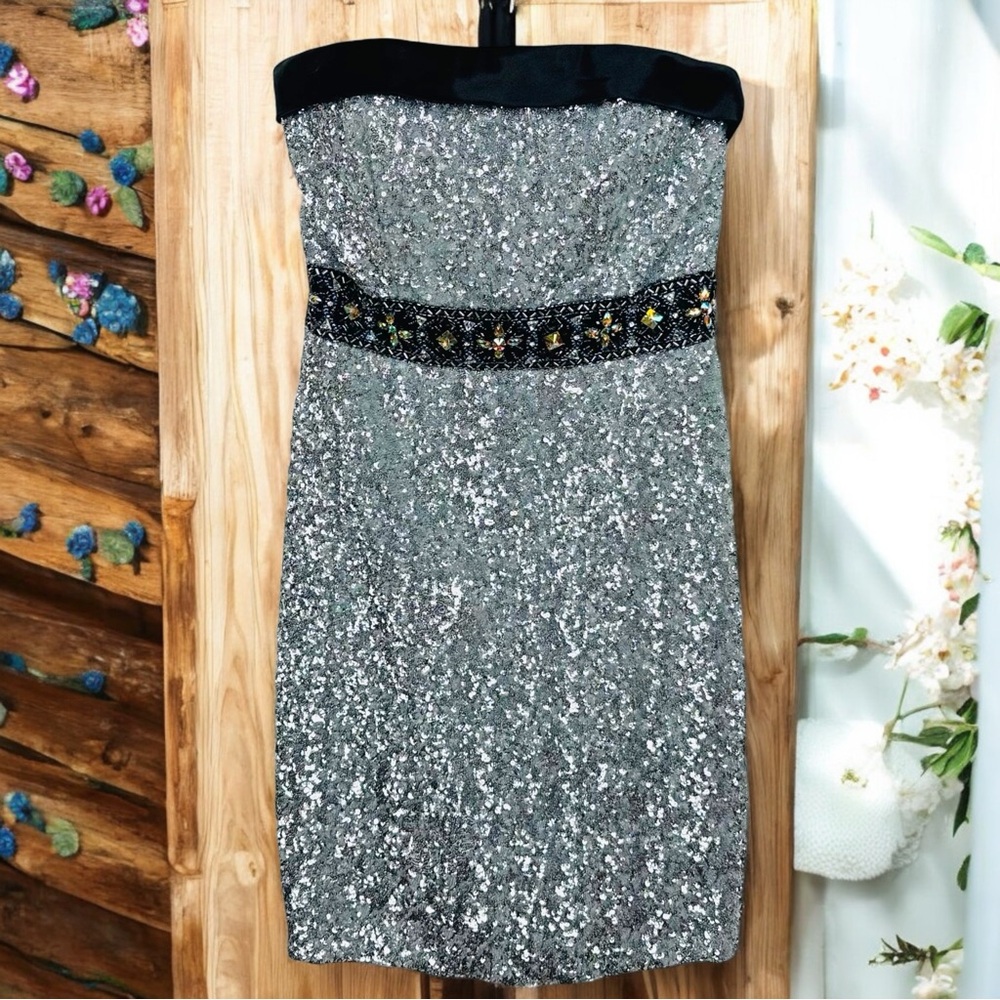 Tony Bowls Sequin & Satin Rhinestone Square Neck Bodycon Formal Mini Prom Dress